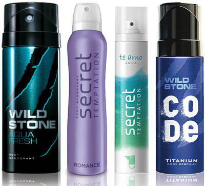 

Wild Stone Aqua Fresh Deodorant (150 ml), Code Titanium Body Perfume(120 ml) and ST Romance Deodorant (150 ml), Te Amo Aqua Body Perfume (120 ml), Pack of 4 Perfume Body Spray - For Men & Women(540 ml, Pack of 4)