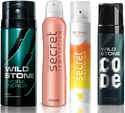 

Wild Stone Hydra Energy Deodorant (150 ml), Code Steel Body Perfume(120 ml) and ST Desire Deodorant (150 ml), Te Amo Breeze Body Perfume (120 ml), Pack of 4 Perfume Body Spray - For Men & Women(540 ml, Pack of 4)
