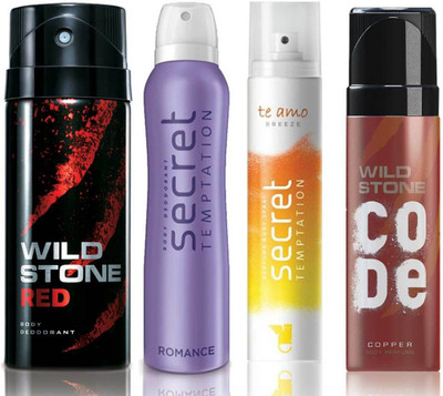 

Wild Stone Red Deodorant (150 ml), Code Copper Perfume(120 ml) and ST Romance Deodorant (150 ml), Te Amo Breeze Body Perfume (120 ml), Pack of 4 Perfume Body Spray - For Men & Women(540 ml, Pack of 4)