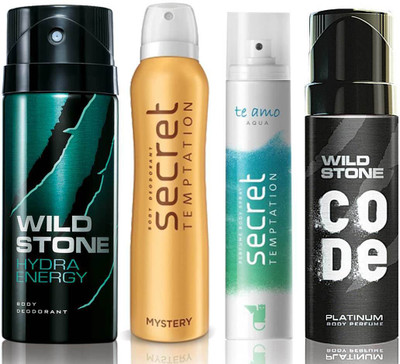 

Wild Stone Hydra Energy Deodorant (150 ml), Code Platinum Body Perfume(120 ml) and ST Mystery Deodorant (150 ml), Te Amo Aqua Body Perfume (120 ml), Pack of 4 Perfume Body Spray - For Men & Women(540 ml, Pack of 4)