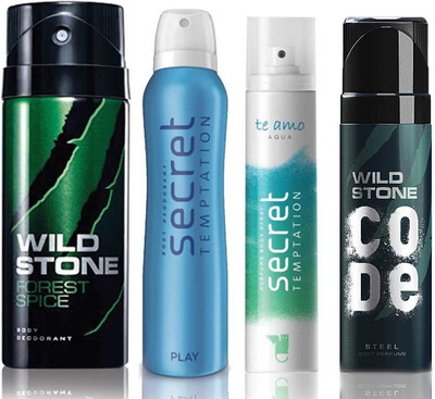 

Wild Stone Forest Spice Deodorant (150 ml), Code Steel Body Perfume(120 ml) and ST Play Deodorant (150 ml), Te Amo Aqua Body Perfume (120 ml), Pack of 4 Perfume Body Spray - For Men & Women(540 ml, Pack of 4)