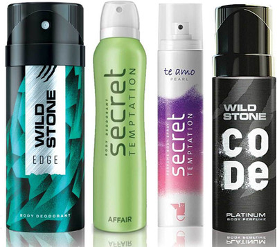 

Wild Stone Edge Deodorant (150 ml), Code Platinum Body Perfume(120 ml) and ST Affair Deodorant (150 ml), Te Amo Pearl Body Perfume (120 ml), Pack of 4 Perfume Body Spray - For Men & Women(540 ml, Pack of 4)