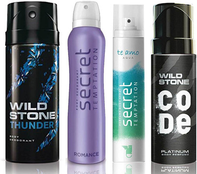 

Wild Stone Thunder Deodorant (150 ml), Code Platinum Body Perfume(120 ml) and ST Romance Deodorant (150 ml), Te Amo Aqua Body Perfume (120 ml), Pack of 4 Perfume Body Spray - For Men & Women(540 ml, Pack of 4)