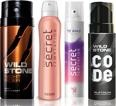 

Wild Stone Night Rider Deodorant (150 ml), Code Platinum Body Perfume(120 ml) and ST Desire Deodorant (150 ml), Te Amo Pearl Body Perfume (120 ml), Pack of 4 Perfume Body Spray - For Men & Women(540 ml, Pack of 4)