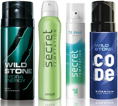 

Wild Stone Hydra Energy Deodorant (150 ml), Code Titanium Body Perfume(120 ml) and ST Affair Deodorant (150 ml), Te Amo Aqua Body Perfume (120 ml), Pack of 4 Perfume Body Spray - For Men & Women(540 ml, Pack of 4)