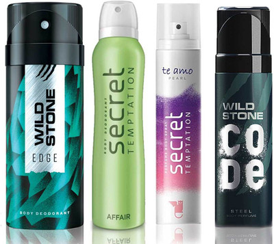 

Wild Stone Edge Deodorant (150 ml), Code Steel Body Perfume(120 ml) and ST Affair Deodorant (150 ml), Te Amo Pearl Body Perfume (120 ml), Pack of 4 Perfume Body Spray - For Men & Women(540 ml, Pack of 4)