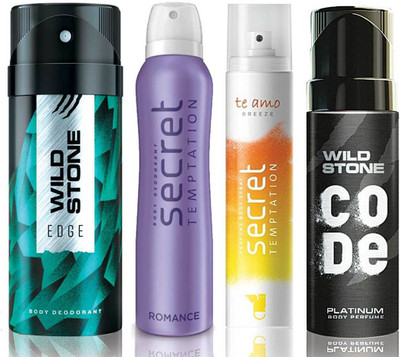 

Wild Stone Edge Deodorant (150 ml), Code Platinum Body Perfume(120 ml) and ST Romance Deodorant (150 ml), Te Amo Breeze Body Perfume (120 ml), Pack of 4 Perfume Body Spray - For Men & Women(540 ml, Pack of 4)