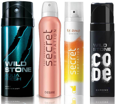

Wild Stone Aqua Fresh Deodorant (150 ml), Code Chrome Body Perfume(120 ml) and ST Desire Deodorant (150 ml), Te Amo Breeze Body Perfume (120 ml), Pack of 4 Perfume Body Spray - For Men & Women(540 ml, Pack of 4)