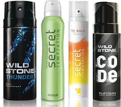 

Wild Stone Thunder Deodorant (150 ml), Code Platinum Body Perfume(120 ml) and ST Affair Deodorant (150 ml), Te Amo Breeze Body Perfume (120 ml), Pack of 4 Perfume Body Spray - For Men & Women(540 ml, Pack of 4)