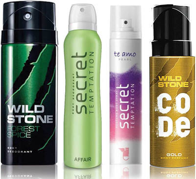 

Wild Stone Forest Spice Deodorant (150 ml), Code Gold Body Perfume(120 ml) and ST Affair Deodorant (150 ml), Te Amo Pearl Body Perfume (120 ml), Pack of 4 Perfume Body Spray - For Men & Women(540 ml, Pack of 4)