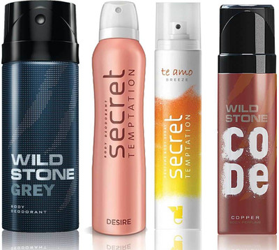 

Wild Stone Grey Deodorant (150 ml), Code Copper Perfume(120 ml) and ST Desire Deodorant (150 ml), Te Amo Breeze Body Perfume (120 ml), Pack of 4 Perfume Body Spray - For Men & Women(540 ml, Pack of 4)