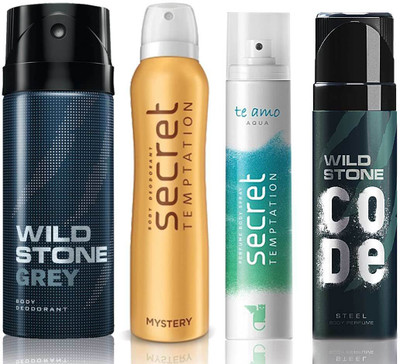 

Wild Stone Grey Deodorant (150 ml), Code Steel Body Perfume(120 ml) and ST Mystery Deodorant (150 ml), Te Amo Aqua Body Perfume (120 ml), Pack of 4 Perfume Body Spray - For Men & Women(540 ml, Pack of 4)