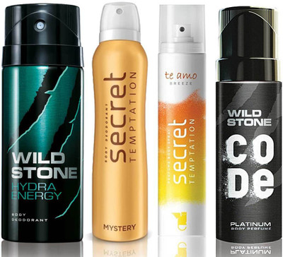 

Wild Stone Hydra Energy Deodorant (150 ml), Code Platinum Body Perfume(120 ml) and ST Mystery Deodorant (150 ml), Te Amo Breeze Body Perfume (120 ml), Pack of 4 Perfume Body Spray - For Men & Women(540 ml, Pack of 4)