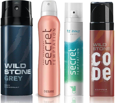 

Wild Stone Grey Deodorant (150 ml), Code Copper Perfume(120 ml) and ST Desire Deodorant (150 ml), Te Amo Aqua Body Perfume (120 ml), Pack of 4 Perfume Body Spray - For Men & Women(540 ml, Pack of 4)