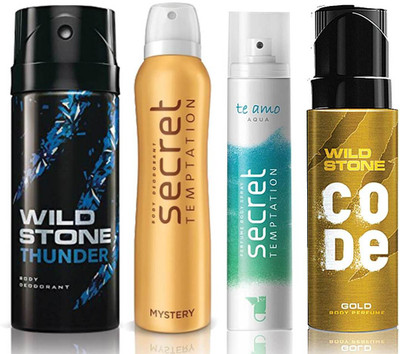 

Wild Stone Thunder Deodorant (150 ml), Code Gold Body Perfume(120 ml) and ST Mystery Deodorant (150 ml), Te Amo Aqua Body Perfume (120 ml), Pack of 4 Perfume Body Spray - For Men & Women(540 ml, Pack of 4)