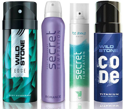 

Wild Stone Edge Deodorant (150 ml), Code Titanium Body Perfume(120 ml) and ST Romance Deodorant (150 ml), Te Amo Aqua Body Perfume (120 ml), Pack of 4 Perfume Body Spray - For Men & Women(540 ml, Pack of 4)