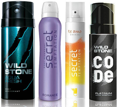 

Wild Stone Aqua Fresh Deodorant (150 ml), Code Platinum Body Perfume(120 ml) and ST Romance Deodorant (150 ml), Te Amo Breeze Body Perfume (120 ml), Pack of 4 Perfume Body Spray - For Men & Women(540 ml, Pack of 4)