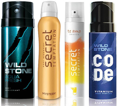 

Wild Stone Aqua Fresh Deodorant (150 ml), Code Titanium Body Perfume(120 ml) and ST Mystery Deodorant (150 ml), Te Amo Breeze Body Perfume (120 ml), Pack of 4 Perfume Body Spray - For Men & Women(540 ml, Pack of 4)