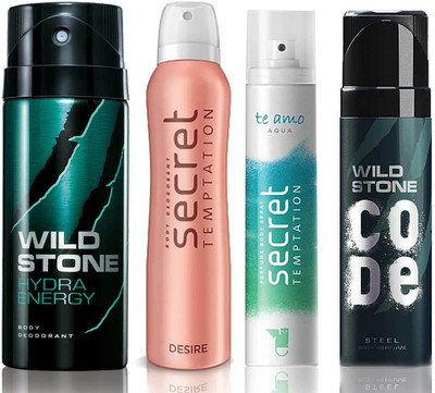 

Wild Stone Hydra Energy Deodorant (150 ml), Code Steel Body Perfume(120 ml) and ST Desire Deodorant (150 ml), Te Amo Aqua Body Perfume (120 ml), Pack of 4 Perfume Body Spray - For Men & Women(540 ml, Pack of 4)