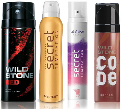 

Wild Stone Red Deodorant (150 ml), Code Copper Perfume(120 ml) and ST Mystery Deodorant (150 ml), Te Amo Pearl Body Perfume (120 ml), Pack of 4 Perfume Body Spray - For Men & Women(540 ml, Pack of 4)