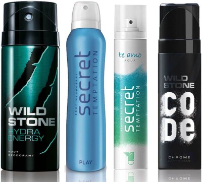 

Wild Stone Hydra Energy Deodorant (150 ml), Code Chrome Body Perfume(120 ml) and ST Play Deodorant (150 ml), Te Amo Aqua Body Perfume (120 ml), Pack of 4 Perfume Body Spray - For Men & Women(540 ml, Pack of 4)