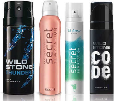 

Wild Stone Thunder Deodorant (150 ml), Code Chrome Body Perfume(120 ml) and ST Desire Deodorant (150 ml), Te Amo Aqua Body Perfume (120 ml), Pack of 4 Perfume Body Spray - For Men & Women(540 ml, Pack of 4)