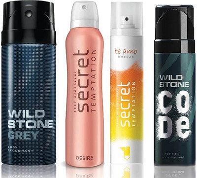 

Wild Stone Grey Deodorant (150 ml), Code Steel Body Perfume(120 ml) and ST Desire Deodorant (150 ml), Te Amo Breeze Body Perfume (120 ml), Pack of 4 Perfume Body Spray - For Men & Women(540 ml, Pack of 4)