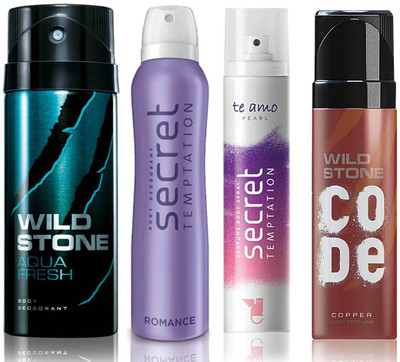 

Wild Stone Aqua Fresh Deodorant (150 ml), Code Copper Perfume(120 ml) and ST Romance Deodorant (150 ml), Te Amo Pearl Body Perfume (120 ml), Pack of 4 Perfume Body Spray - For Men & Women(540 ml, Pack of 4)
