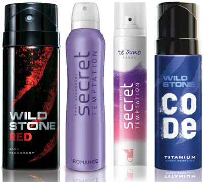 

Wild Stone Red Deodorant (150 ml), Code Titanium Body Perfume(120 ml) and ST Romance Deodorant (150 ml), Te Amo Pearl Body Perfume (120 ml), Pack of 4 Perfume Body Spray - For Men & Women(540 ml, Pack of 4)