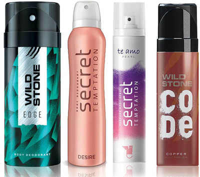 

Wild Stone Edge Deodorant (150 ml), Code Copper Perfume(120 ml) and ST Desire Deodorant (150 ml), Te Amo Pearl Body Perfume (120 ml), Pack of 4 Perfume Body Spray - For Men & Women(540 ml, Pack of 4)