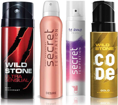 

Wild Stone Ultra Sensual Deodorant (150 ml), Code Gold Body Perfume(120 ml) and ST Desire Deodorant (150 ml), Te Amo Pearl Body Perfume (120 ml), Pack of 4 Perfume Body Spray - For Men & Women(540 ml, Pack of 4)