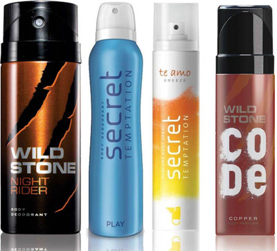 

Wild Stone Night Rider Deodorant (150 ml), Code Copper Perfume(120 ml) and ST Play Deodorant (150 ml), Te Amo Breeze Body Perfume (120 ml), Pack of 4 Perfume Body Spray - For Men & Women(540 ml, Pack of 4)