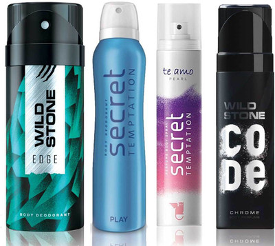 

Wild Stone Edge Deodorant (150 ml), Code Chrome Body Perfume(120 ml) and ST Play Deodorant (150 ml), Te Amo Pearl Body Perfume (120 ml), Pack of 4 Perfume Body Spray - For Men & Women(540 ml, Pack of 4)