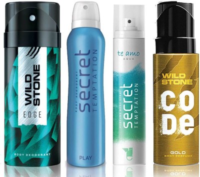 

Wild Stone Edge Deodorant (150 ml), Code Gold Body Perfume(120 ml) and ST Play Deodorant (150 ml), Te Amo Aqua Body Perfume (120 ml), Pack of 4 Perfume Body Spray - For Men & Women(540 ml, Pack of 4)