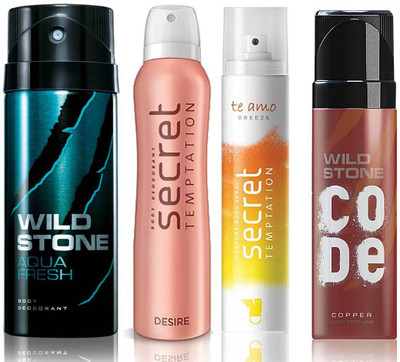 

Wild Stone Aqua Fresh Deodorant (150 ml), Code Copper Perfume(120 ml) and ST Desire Deodorant (150 ml), Te Amo Breeze Body Perfume (120 ml), Pack of 4 Perfume Body Spray - For Men & Women(540 ml, Pack of 4)