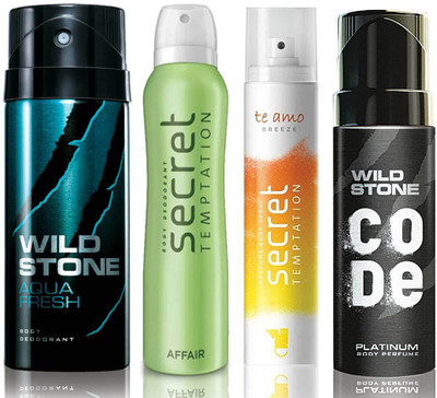 

Wild Stone Aqua Fresh Deodorant (150 ml), Code Platinum Body Perfume(120 ml) and ST Affair Deodorant (150 ml), Te Amo Breeze Body Perfume (120 ml), Pack of 4 Perfume Body Spray - For Men & Women(540 ml, Pack of 4)