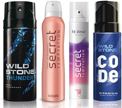 

Wild Stone Thunder Deodorant (150 ml), Code Titanium Body Perfume(120 ml) and ST Desire Deodorant (150 ml), Te Amo Pearl Body Perfume (120 ml), Pack of 4 Perfume Body Spray - For Men & Women(540 ml, Pack of 4)