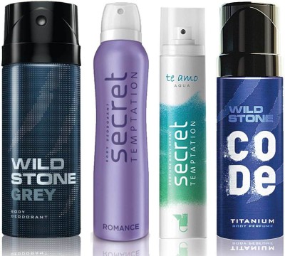 

Wild Stone Grey Deodorant (150 ml), Code Titanium Body Perfume(120 ml) and ST Romance Deodorant (150 ml), Te Amo Aqua Body Perfume (120 ml), Pack of 4 Perfume Body Spray - For Men & Women(540 ml, Pack of 4)