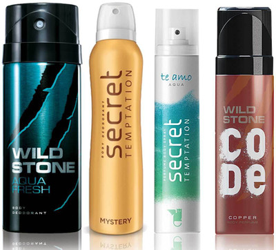 

Wild Stone Aqua Fresh Deodorant (150 ml), Code Copper Perfume(120 ml) and ST Mystery Deodorant (150 ml), Te Amo Aqua Body Perfume (120 ml), Pack of 4 Perfume Body Spray - For Men & Women(540 ml, Pack of 4)