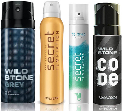 

Wild Stone Grey Deodorant (150 ml), Code Platinum Body Perfume(120 ml) and ST Mystery Deodorant (150 ml), Te Amo Aqua Body Perfume (120 ml), Pack of 4 Perfume Body Spray - For Men & Women(540 ml, Pack of 4)