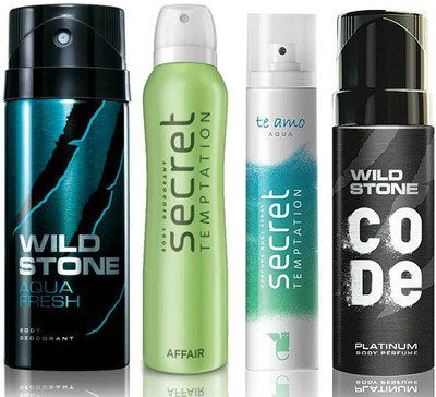 

Wild Stone Aqua Fresh Deodorant (150 ml), Code Platinum Body Perfume(120 ml) and ST Affair Deodorant (150 ml), Te Amo Aqua Body Perfume (120 ml), Pack of 4 Perfume Body Spray - For Men & Women(540 ml, Pack of 4)