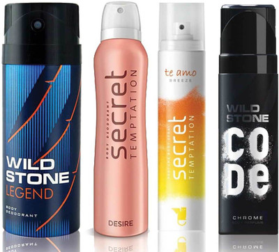 Wild Stone Legend Deodorant (150 ml), Code Chrome Body Perfume(120 ml) and ST Desire Deodorant (150 ml), Te Amo Breeze Body Perfume (120 ml), Pack of 4 Perfume Body Spray - For Men & Women(540 ml, Pack of 4)