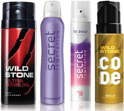 

Wild Stone Ultra Sensual Deodorant (150 ml), Code Gold Body Perfume(120 ml) and ST Romance Deodorant (150 ml), Te Amo Pearl Body Perfume (120 ml), Pack of 4 Perfume Body Spray - For Men & Women(540 ml, Pack of 4)