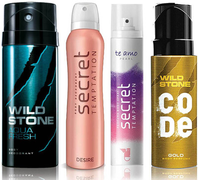 

Wild Stone Aqua Fresh Deodorant (150 ml), Code Gold Body Perfume(120 ml) and ST Desire Deodorant (150 ml), Te Amo Pearl Body Perfume (120 ml), Pack of 4 Perfume Body Spray - For Men & Women(540 ml, Pack of 4)