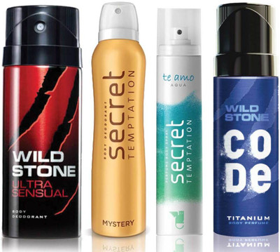 

Wild Stone Ultra Sensual Deodorant (150 ml), Code Titanium Body Perfume(120 ml) and ST Mystery Deodorant (150 ml), Te Amo Aqua Body Perfume (120 ml), Pack of 4 Perfume Body Spray - For Men & Women(540 ml, Pack of 4)