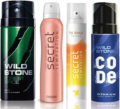 

Wild Stone Forest Spice Deodorant (150 ml), Code Titanium Body Perfume(120 ml) and ST Desire Deodorant (150 ml), Te Amo Breeze Body Perfume (120 ml), Pack of 4 Perfume Body Spray - For Men & Women(540 ml, Pack of 4)