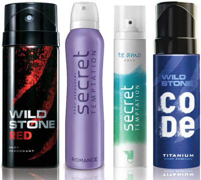 

Wild Stone Red Deodorant (150 ml), Code Titanium Body Perfume(120 ml) and ST Romance Deodorant (150 ml), Te Amo Aqua Body Perfume (120 ml), Pack of 4 Perfume Body Spray - For Men & Women(540 ml, Pack of 4)