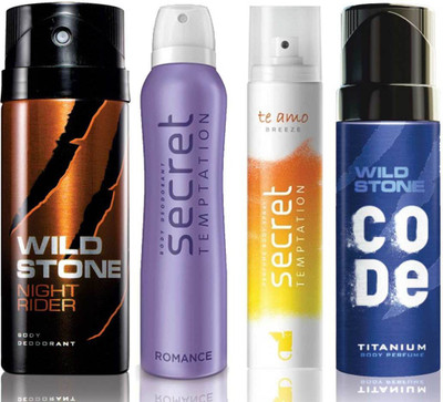 

Wild Stone Night Rider Deodorant (150 ml), Code Titanium Body Perfume(120 ml) and ST Romance Deodorant (150 ml), Te Amo Breeze Body Perfume (120 ml), Pack of 4 Perfume Body Spray - For Men & Women(540 ml, Pack of 4)