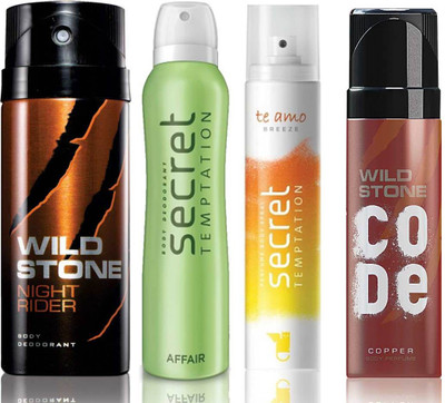 

Wild Stone Night Rider Deodorant (150 ml), Code Copper Perfume(120 ml) and ST Affair Deodorant (150 ml), Te Amo Breeze Body Perfume (120 ml), Pack of 4 Perfume Body Spray - For Men & Women(540 ml, Pack of 4)