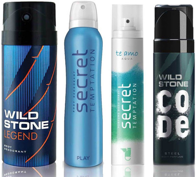 

Wild Stone Legend Deodorant (150 ml), Code Steel Body Perfume(120 ml) and ST Play Deodorant (150 ml), Te Amo Aqua Body Perfume (120 ml), Pack of 4 Perfume Body Spray - For Men & Women(540 ml, Pack of 4)